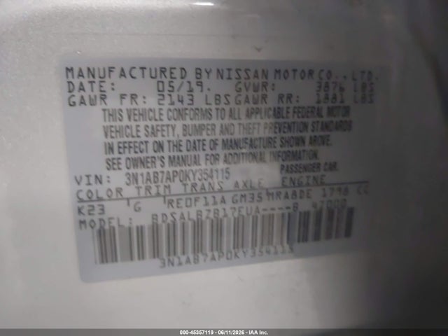 45357119 :رقم المزاد ، 3N1AB7AP0KY354115 vin ، 2019 Nissan Sentra S مزاد بيع