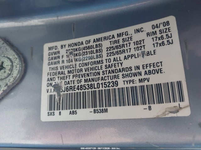 Продажа на аукционе авто 2008 Honda Cr-v Ex, vin: 5J6RE48538L015239, номер лота: 45357129