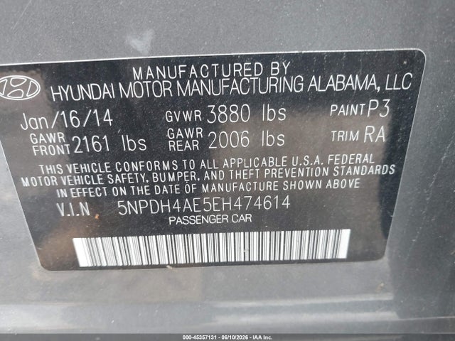 Продаж на аукціоні авто 2014 Hyundai Elantra Se, vin: 5NPDH4AE5EH474614, номер лоту: 45357131