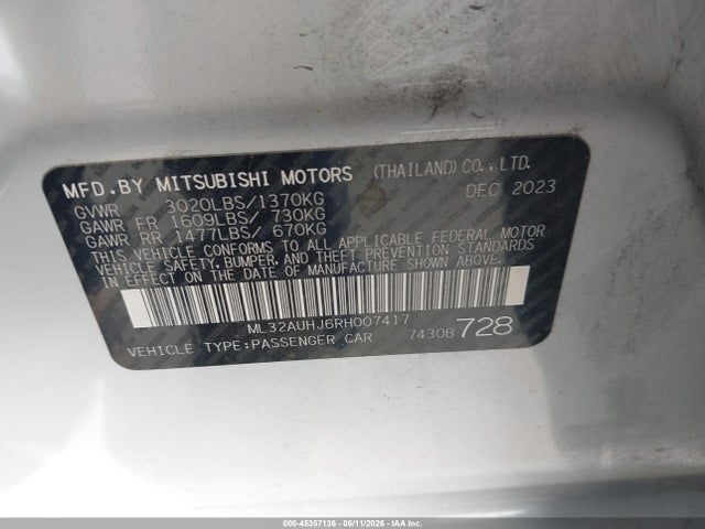 Продаж на аукціоні авто 2024 Mitsubishi Mirage Es/le, vin: ML32AUHJ6RH007417, номер лоту: 45357136