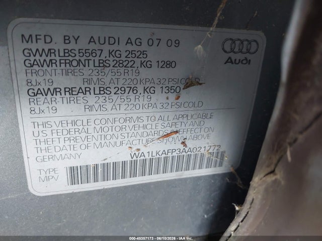 Продажа на аукционе авто 2010 Audi Q5 3.2 Premium, vin: WA1LKAFP3AA021772, номер лота: 45357173