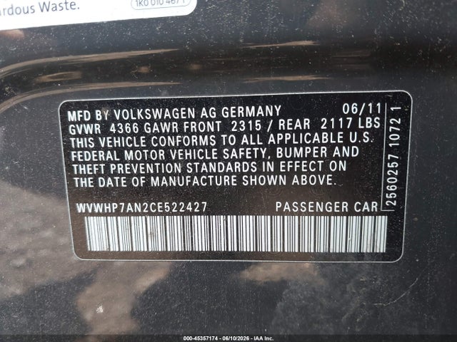 2012 Volkswagen Cc Lux მანქანა იყიდება აუქციონზე, vin: WVWHP7AN2CE522427, აუქციონის ნომერი: 45357174