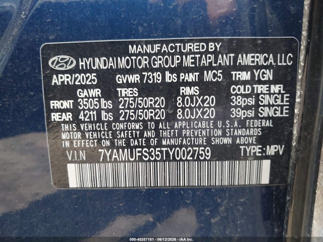Hyundai Ioniq 9 Sel 2026 7YAMUFS35TY002759 Image 9