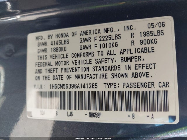 2006 Honda Accord 2.4 Se მანქანა იყიდება აუქციონზე, vin: 1HGCM56396A141265, აუქციონის ნომერი: 45357185