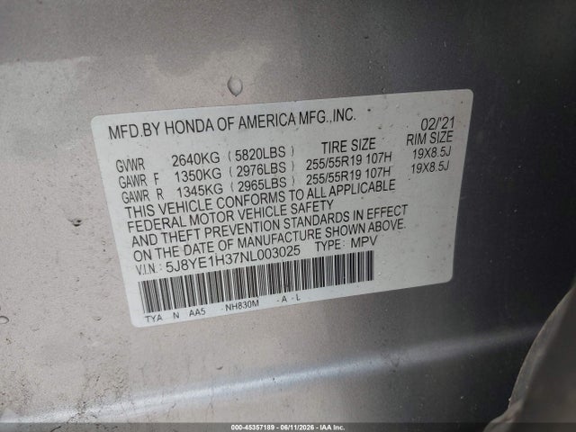 Auction sale of the 2022 Acura Mdx Standard, vin: 5J8YE1H37NL003025, lot number: 45357189