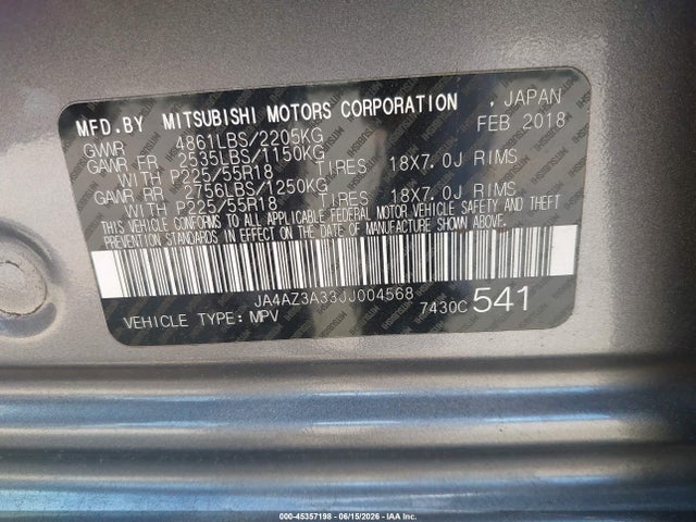 45357198 :رقم المزاد ، JA4AZ3A33JJ004568 vin ، 2018 Mitsubishi Outlander Sel مزاد بيع