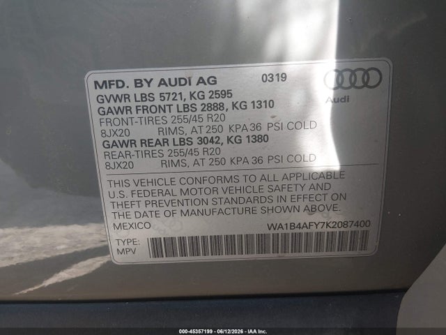 45357199 :رقم المزاد ، WA1B4AFY7K2087400 vin ، 2019 Audi Sq5 3.0t Premium مزاد بيع