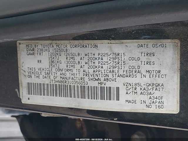 2001 Toyota 4runner Sr5 V6 მანქანა იყიდება აუქციონზე, vin: JT3HN86R310356053, აუქციონის ნომერი: 45357208
