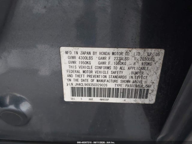 2005 Acura Tsx Base W/navigation (a5) მანქანა იყიდება აუქციონზე, vin: JH4CL96935C029026, აუქციონის ნომერი: 45357215