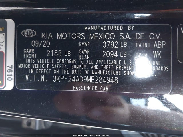 45357236 :رقم المزاد ، 3KPF24AD9ME284948 vin ، 2021 Kia Forte Lxs مزاد بيع