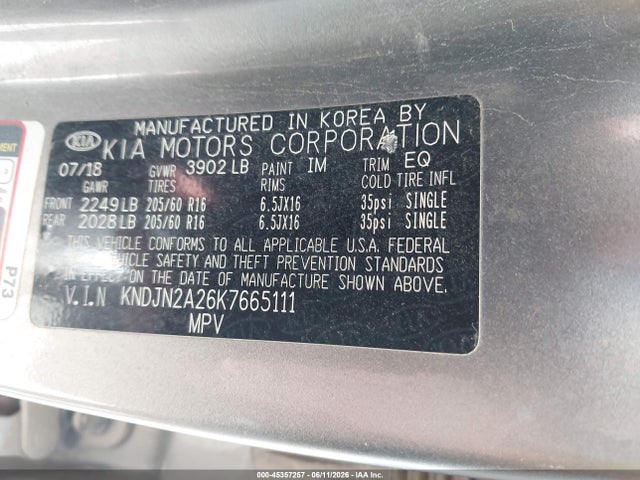 45357257 :رقم المزاد ، KNDJN2A26K7665111 vin ، 2019 Kia Soul مزاد بيع