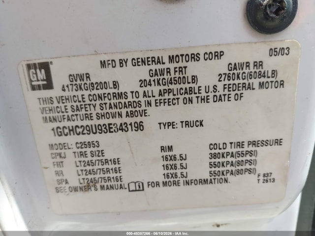2003 Chevrolet Silverado 2500hd Ls მანქანა იყიდება აუქციონზე, vin: 1GCHC29U93E343196, აუქციონის ნომერი: 45357266