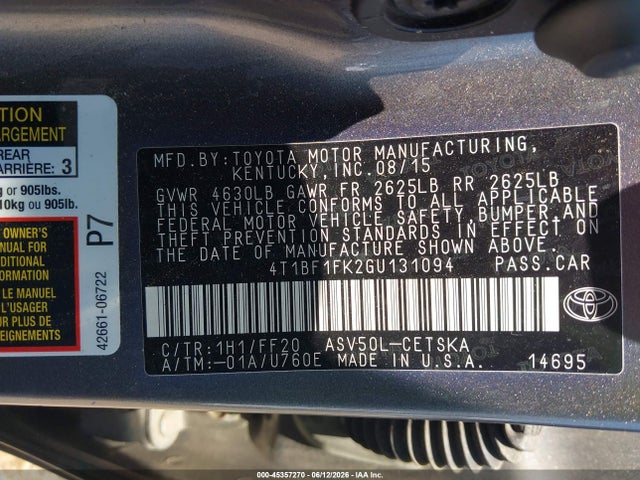 45357270 :رقم المزاد ، 4T1BF1FK2GU131094 vin ، 2016 Toyota Camry Se مزاد بيع