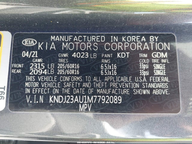 45357272 :رقم المزاد ، KNDJ23AU1M7792089 vin ، 2021 Kia Soul Lx مزاد بيع