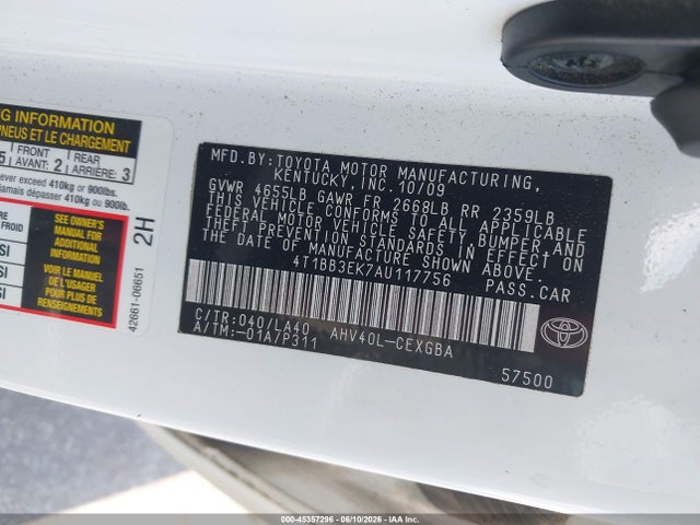 Aukcja sprzedaży 2010 Toyota Camry Hybrid, vin: 4T1BB3EK7AU117756, numer aukcji: 45357296