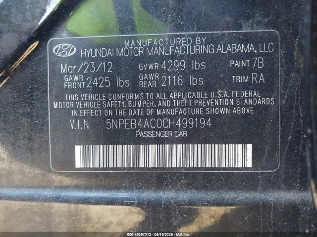 2012 Hyundai Sonata Gls მანქანა იყიდება აუქციონზე, vin: 5NPEB4AC0CH499194, აუქციონის ნომერი: 45357312