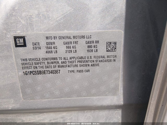 2014 Chevrolet Cruze 1lt Auto მანქანა იყიდება აუქციონზე, vin: 1G1PC5SB9E7340367, აუქციონის ნომერი: 45357318