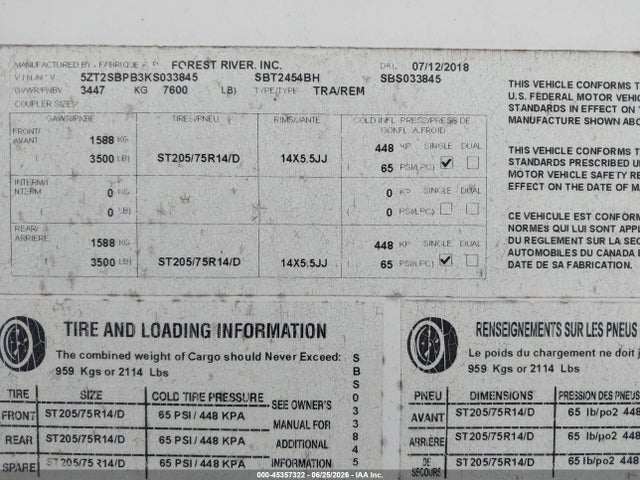 Продаж на аукціоні авто 2019 Forest River Other, vin: 5ZT2SBPB3KS033845, номер лоту: 45357322