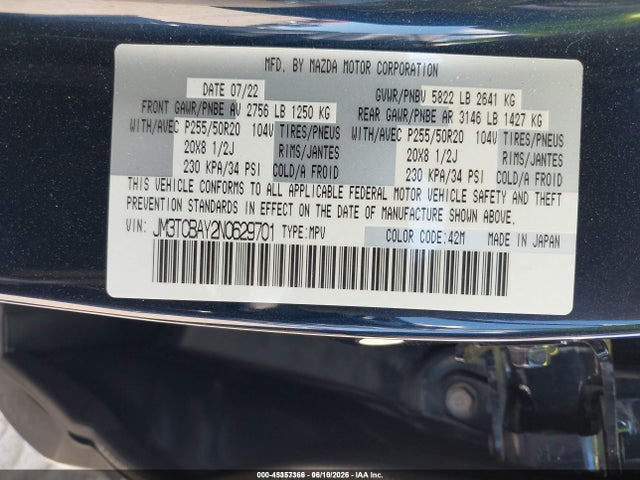 45357366 :رقم المزاد ، JM3TCBAY2N0629701 vin ، 2022 Mazda Cx-9 Touring Plus مزاد بيع