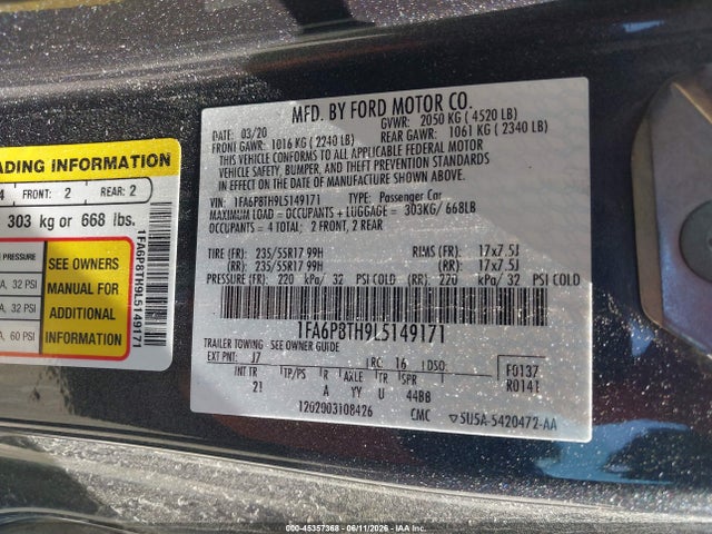 Ford Mustang Ecoboost Fastback 2020 1FA6P8TH9L5149171 Image 9