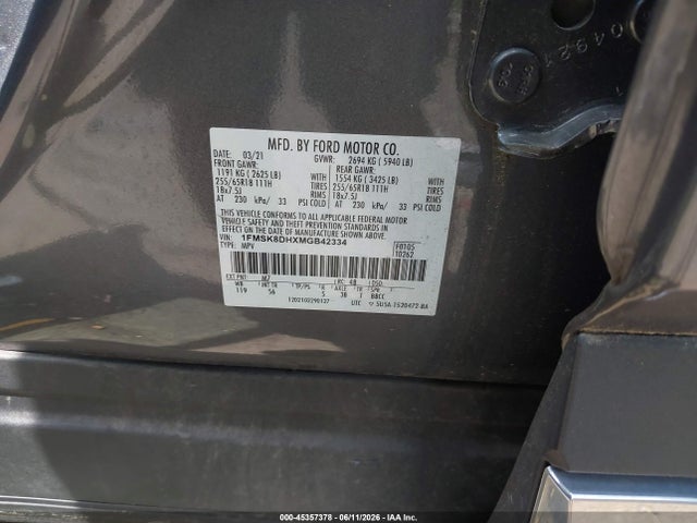 Aukcja sprzedaży 2021 Ford Explorer Xlt, vin: 1FMSK8DHXMGB42334, numer aukcji: 45357378