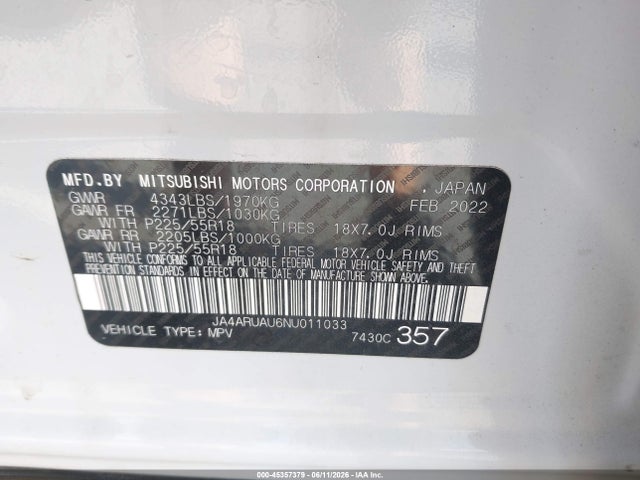 Продаж на аукціоні авто 2022 Mitsubishi Outlander Sport 2.0 Be Awc/2.0 Es Awc/2.0 Le Awc/2.0 Se Awc/2.0 Se Special Edition Awc, vin: JA4ARUAU6NU011033, номер лоту: 45357379