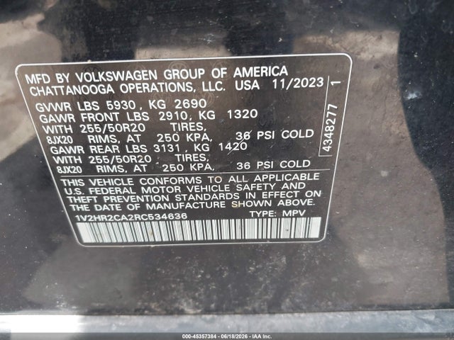 Продаж на аукціоні авто 2024 Volkswagen Atlas 2.0t Se W/technology, vin: 1V2HR2CA2RC534636, номер лоту: 45357384