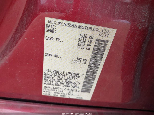 1N4AL3AP5FC240831 Nissan Altima 2.5/2.5 S/2.5 Sl/2.5 Sv