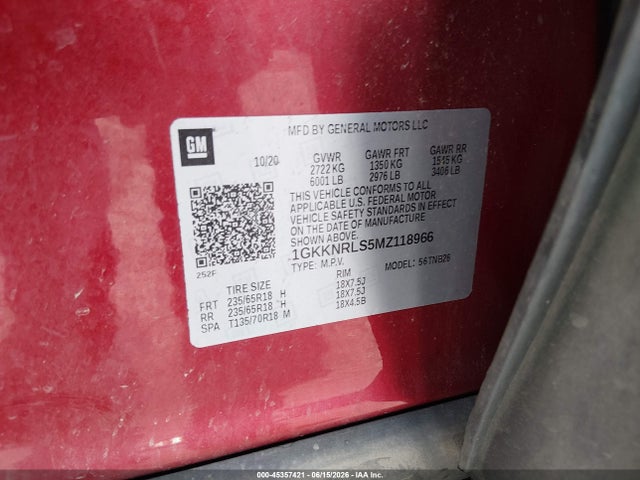 Auction sale of the 2021 Gmc Acadia Awd Sle, vin: 1GKKNRLS5MZ118966, lot number: 45357421