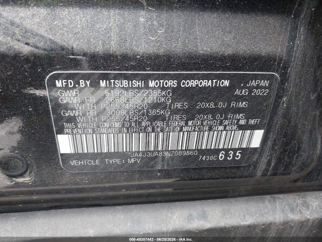 45357442 :رقم المزاد ، JA4J3UA83NZ089860 vin ، 2022 Mitsubishi Outlander Black Edition 2wd/se 2.5 2wd/se Launch Edition 2wd مزاد بيع