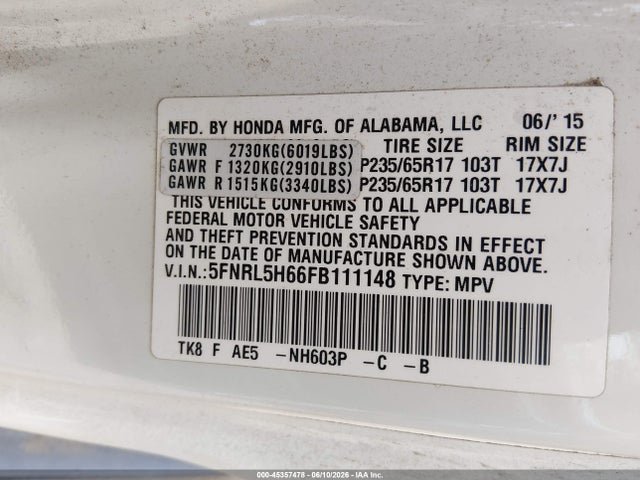 2015 Honda Odyssey Ex-l მანქანა იყიდება აუქციონზე, vin: 5FNRL5H66FB111148, აუქციონის ნომერი: 45357478