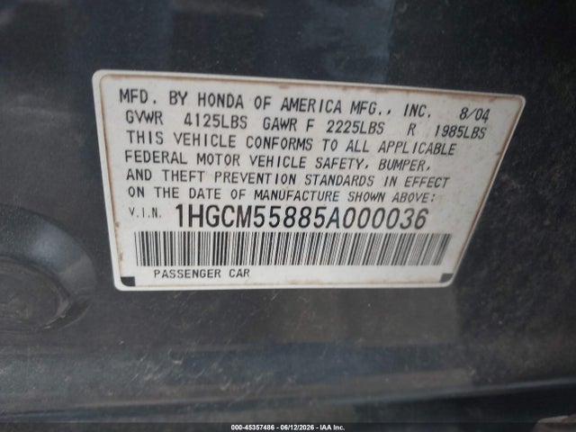 2005 Honda Accord 2.4 Ex მანქანა იყიდება აუქციონზე, vin: 1HGCM55885A000036, აუქციონის ნომერი: 45357486
