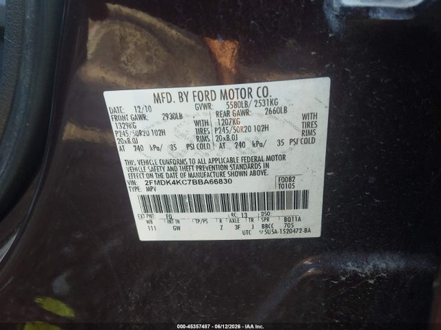 Aukcja sprzedaży 2011 Ford Edge Limited, vin: 2FMDK4KC7BBA66830, numer aukcji: 45357487