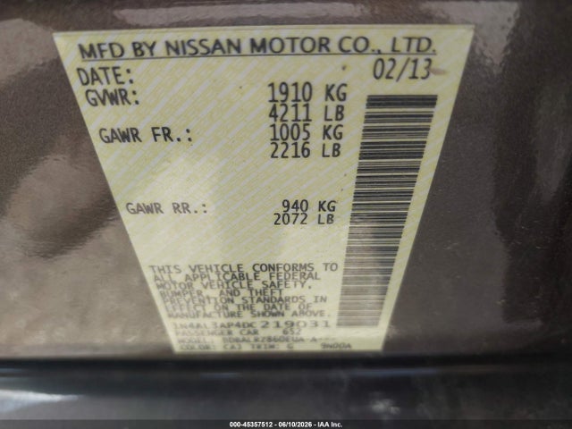 Aukcja sprzedaży 2013 Nissan Altima 2.5 S, vin: 1N4AL3AP4DC219031, numer aukcji: 45357512
