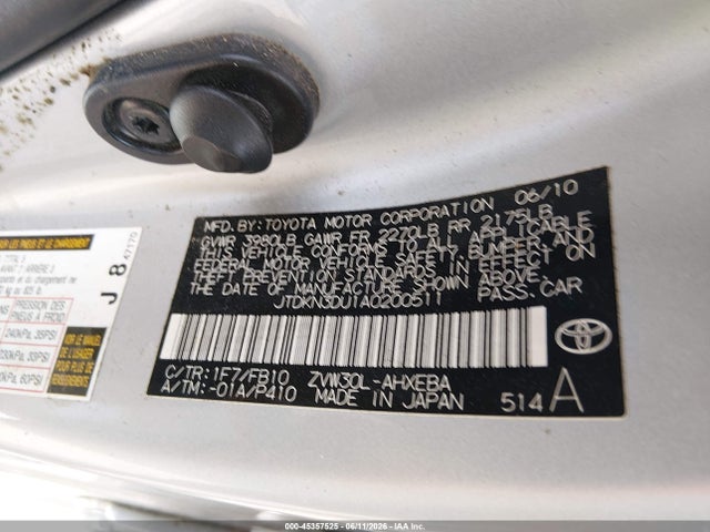 45357525 :رقم المزاد ، JTDKN3DU1A0200511 vin ، 2010 Toyota Prius Ii مزاد بيع