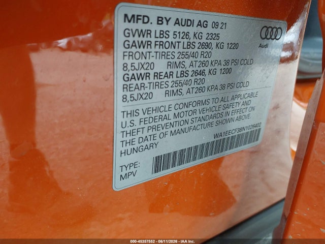 Aukcja sprzedaży 2022 Audi Q3 Premium Plus 45 Tfsi S Line Quattro Tiptronic, vin: WA1EECF38N1026402, numer aukcji: 45357552