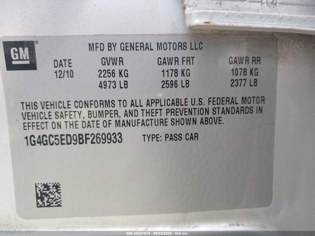 Auction sale of the 2011 Buick Lacrosse Cxl, vin: 1G4GC5ED9BF269933, lot number: 45357575