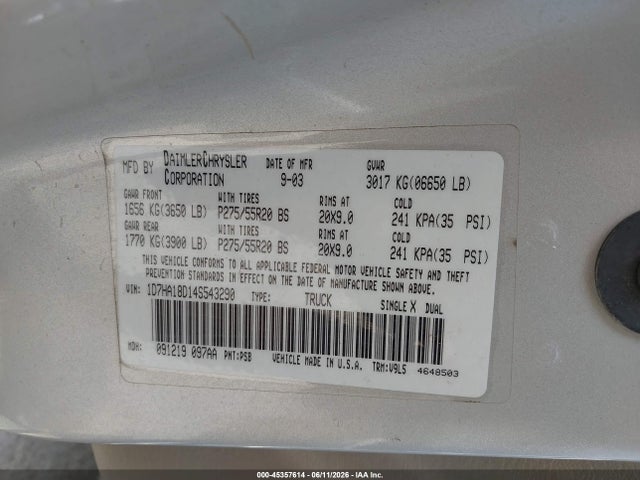Продаж на аукціоні авто 2004 Dodge Ram 1500 Slt/laramie, vin: 1D7HA18D14S543290, номер лоту: 45357614