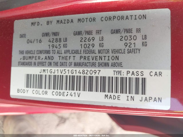 Продажа на аукционе авто 2016 Mazda Mazda6 I Touring, vin: JM1GJ1V51G1482097, номер лота: 45357634