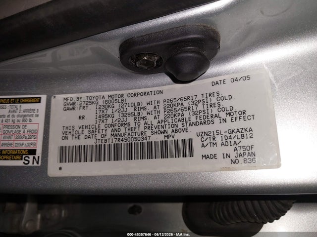 Продажа на аукционе авто 2005 Toyota 4runner Limited, vin: JTEBT17R450050347, номер лота: 45357646