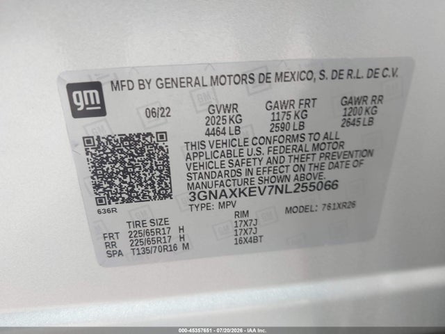 Aukcja sprzedaży 2022 Chevrolet Equinox Fwd Lt, vin: 3GNAXKEV7NL255066, numer aukcji: 45357651
