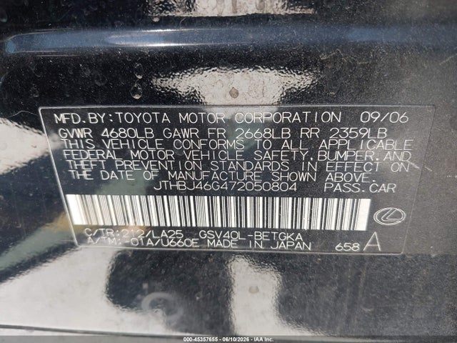 Aukcja sprzedaży 2007 Lexus Es 350, vin: JTHBJ46G472050804, numer aukcji: 45357655