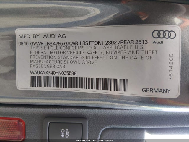 45357679 :رقم المزاد ، WAUANAF40HN035588 vin ، 2017 Audi A4 Premium مزاد بيع