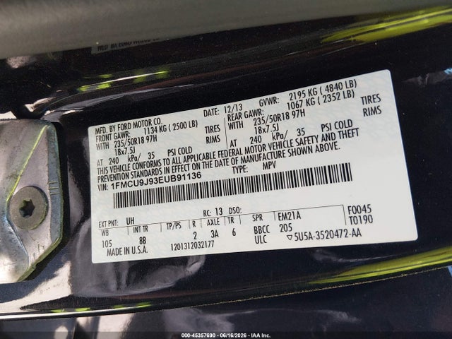 Aukcja sprzedaży 2014 Ford Escape Titanium, vin: 1FMCU9J93EUB91136, numer aukcji: 45357690
