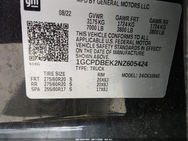 45357692 :رقم المزاد ، 1GCPDBEK2NZ605424 vin ، 2022 Chevrolet Silverado 1500 4wd  Short Bed Custom مزاد بيع