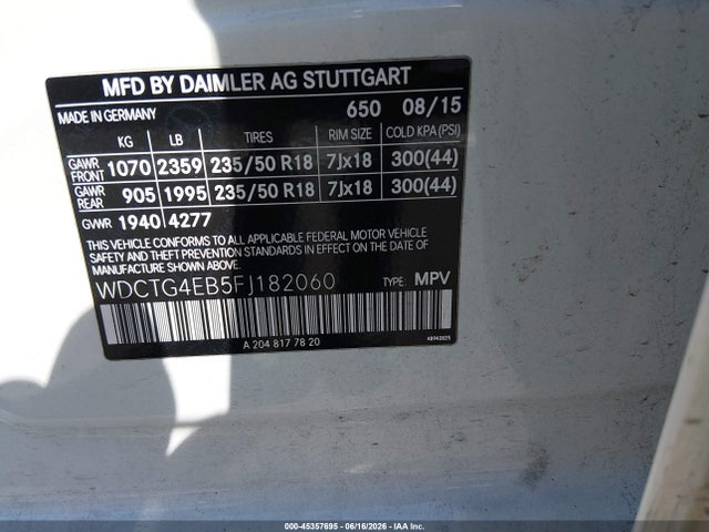 Продажа на аукционе авто 2015 Mercedes-benz Gla 250, vin: WDCTG4EB5FJ182060, номер лота: 45357695