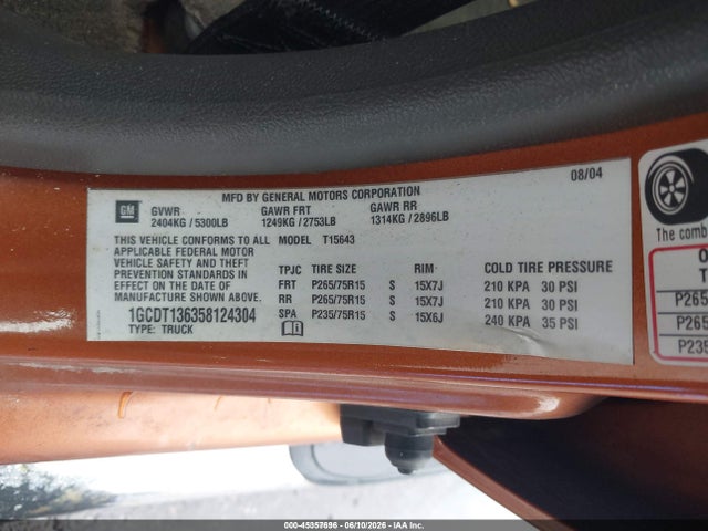 Aukcja sprzedaży 2005 Chevrolet Colorado Ls, vin: 1GCDT136358124304, numer aukcji: 45357696