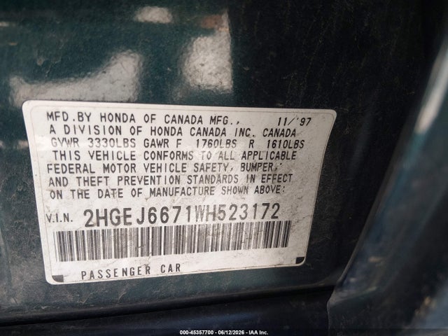 Продаж на аукціоні авто 1998 Honda Civic Lx, vin: 2HGEJ6671WH523172, номер лоту: 45357700