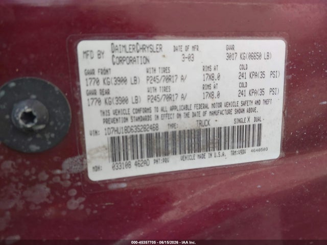 45357705 :رقم المزاد ، 1D7HU18D63S282468 vin ، 2003 Dodge Ram 1500 Slt/laramie/st مزاد بيع