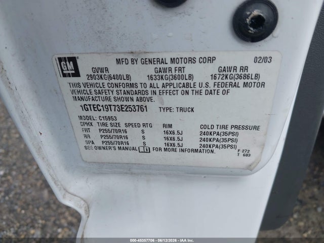 Aukcja sprzedaży 2003 Gmc Sierra 1500, vin: 1GTEC19T73E253761, numer aukcji: 45357706